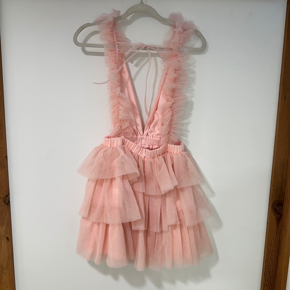 Mable Tulle Tiered Mini Dress Womens Small Pink Ruffle V-Neck‎ | Coquette - Picture 3 of 8